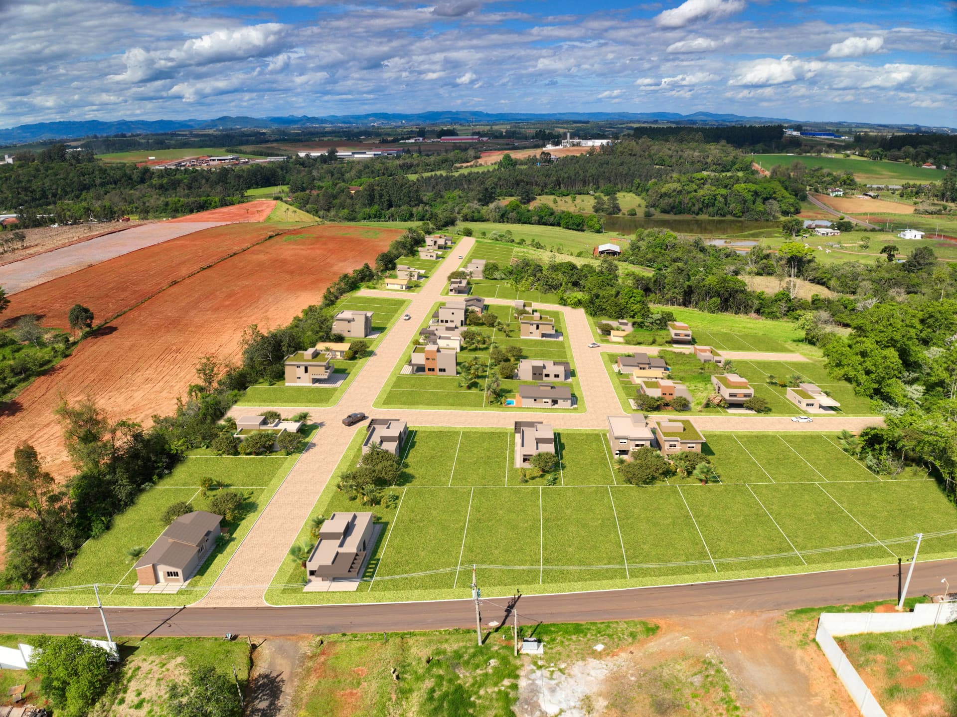 Vista aérea do Reserva dos Campos II destacando as quadras e o acesso ao empreendimento