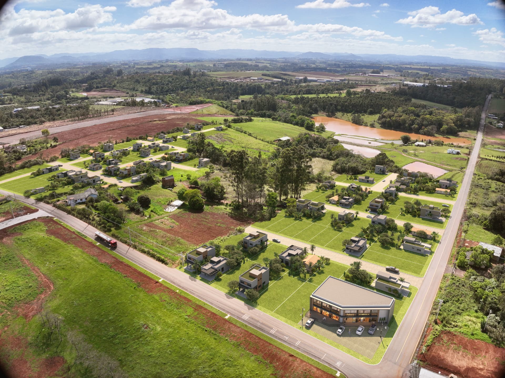 Vista aérea de inserção do Reserva dos Campos junto à rodovia e ao entorno de Estrela