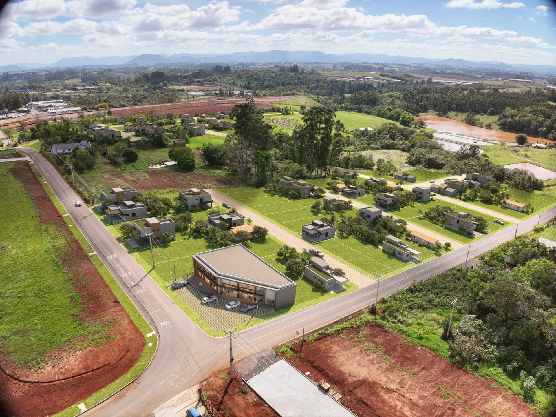 Vista aérea do Reserva dos Campos em Estrela, com casas, lotes e área verde ao redor